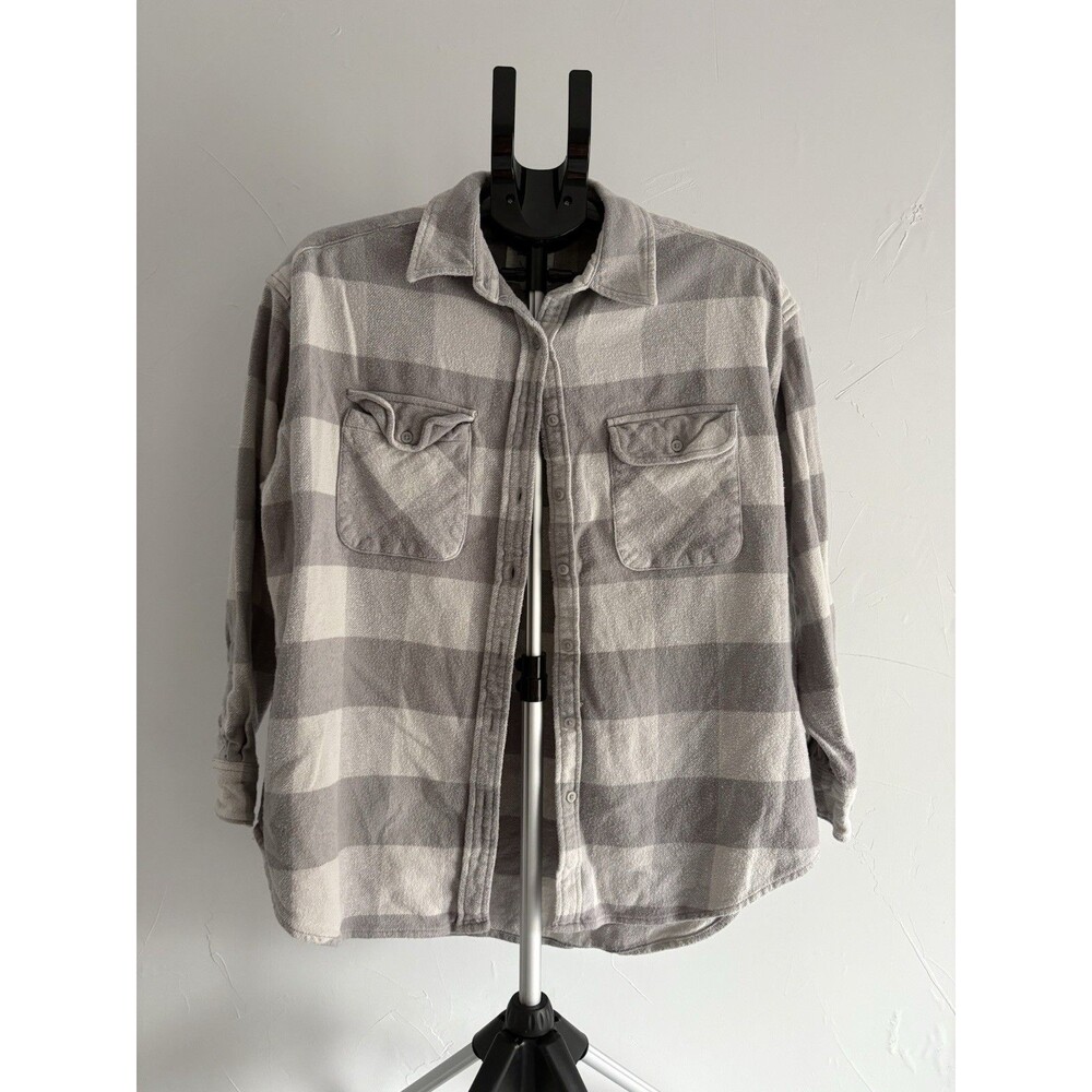 Aerie Button Up Fleece Shacket Light Grey Buffalo Check Pattern Women Size XS